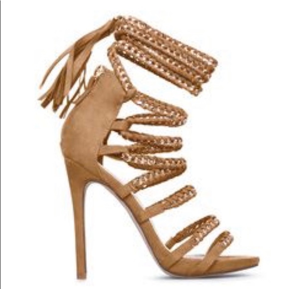 ShoeDazzle Raenetta. Tan Strappy Faux Suede Heels - Picture 4 of 7